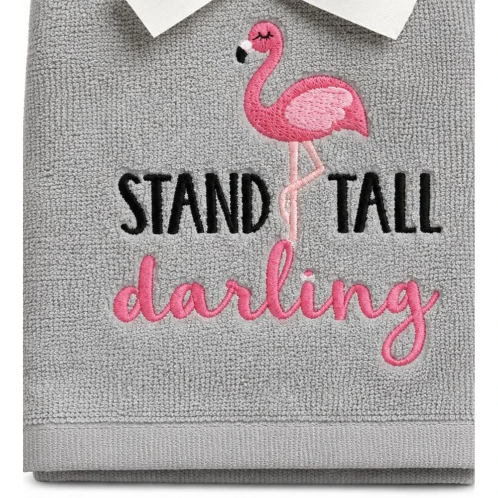 Flamingo Hand Towels Set of 2 Stand Tall Darling Embroidered Gray Pink Bathroom